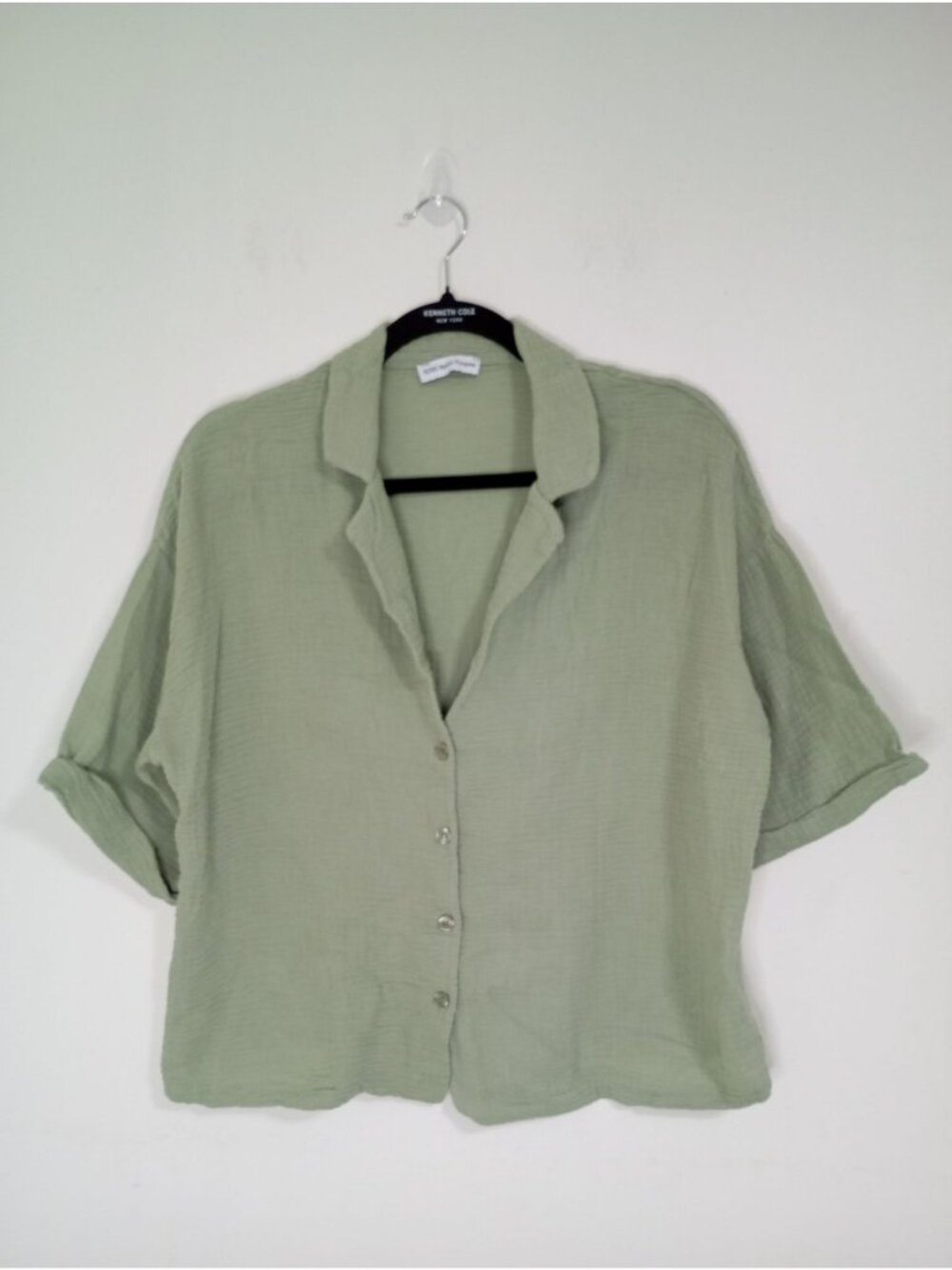 Kiwi Saint-Tropez Gauze top Green Cotton Button-Up Short Sleeve Womens Blouse L